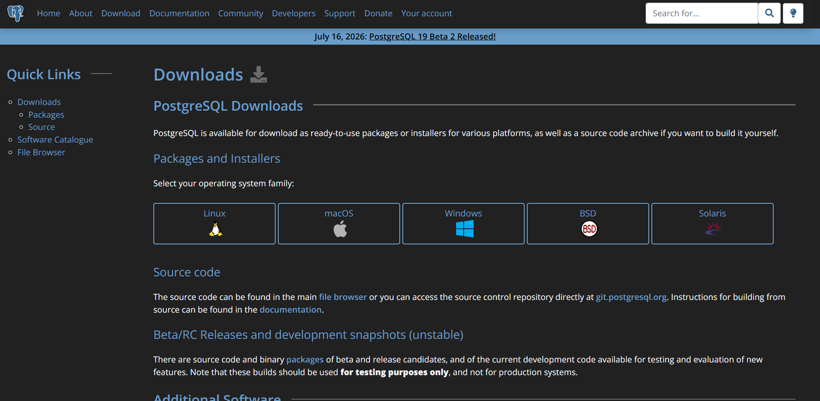PostgreSQL download page