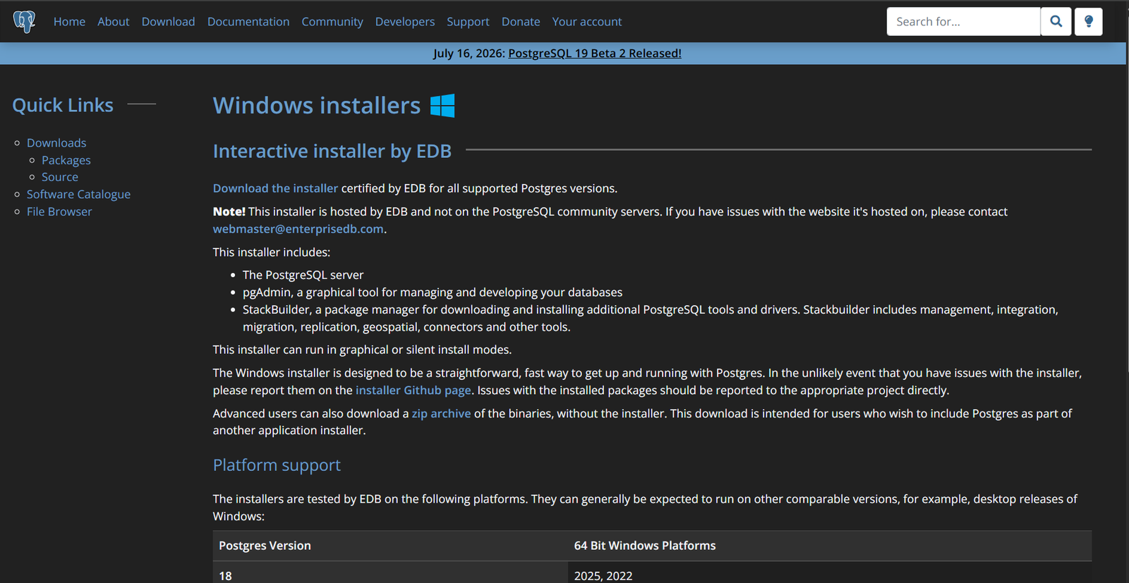 Windows option on the PostgreSQL download page