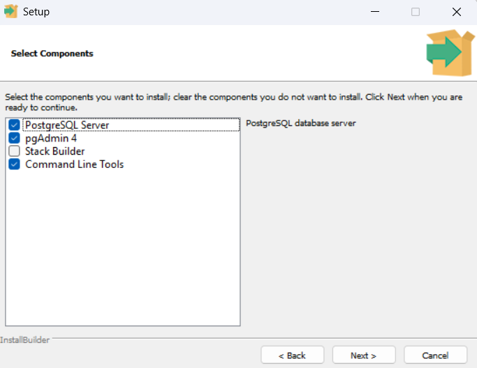 PostgreSQL component selection screen