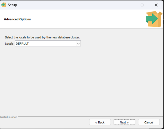 PostgreSQL installation settings screen