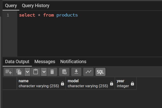 SELECT query and products table output in pgAdmin 4