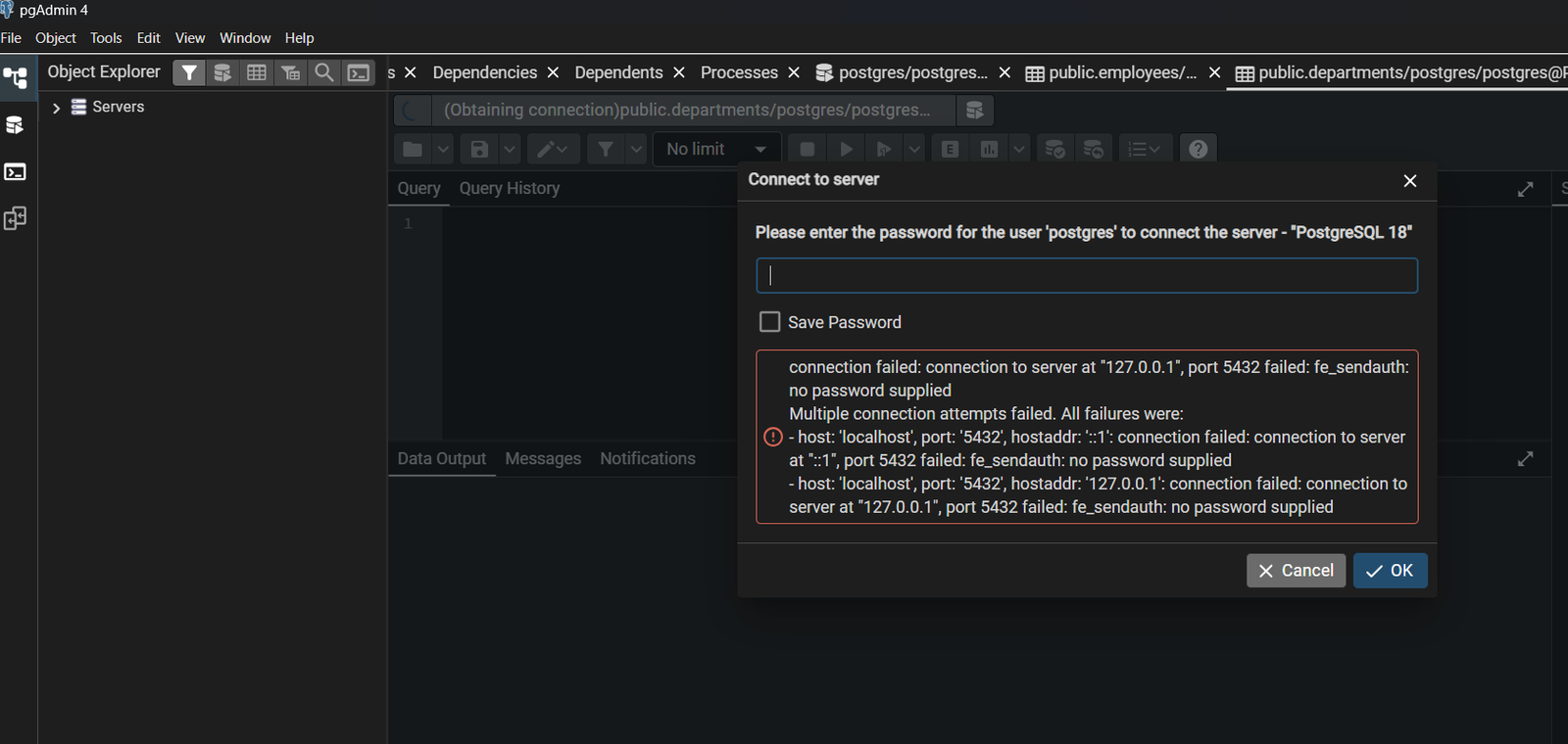 pgAdmin 4 connect to server password dialog