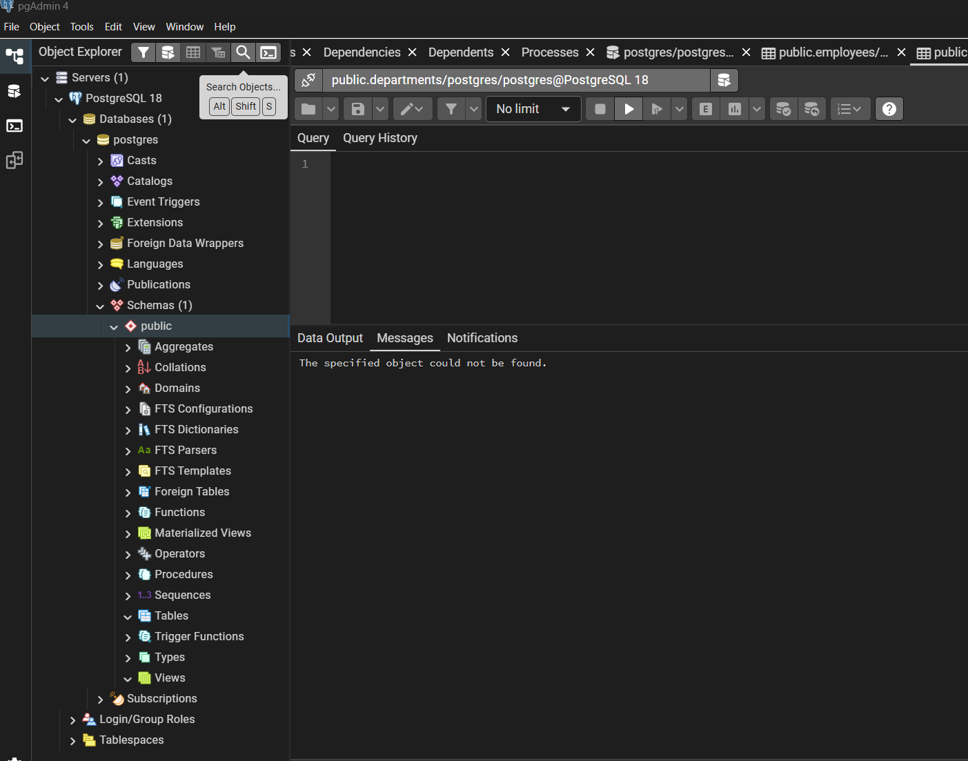 pgAdmin 4 object browser showing a PostgreSQL database