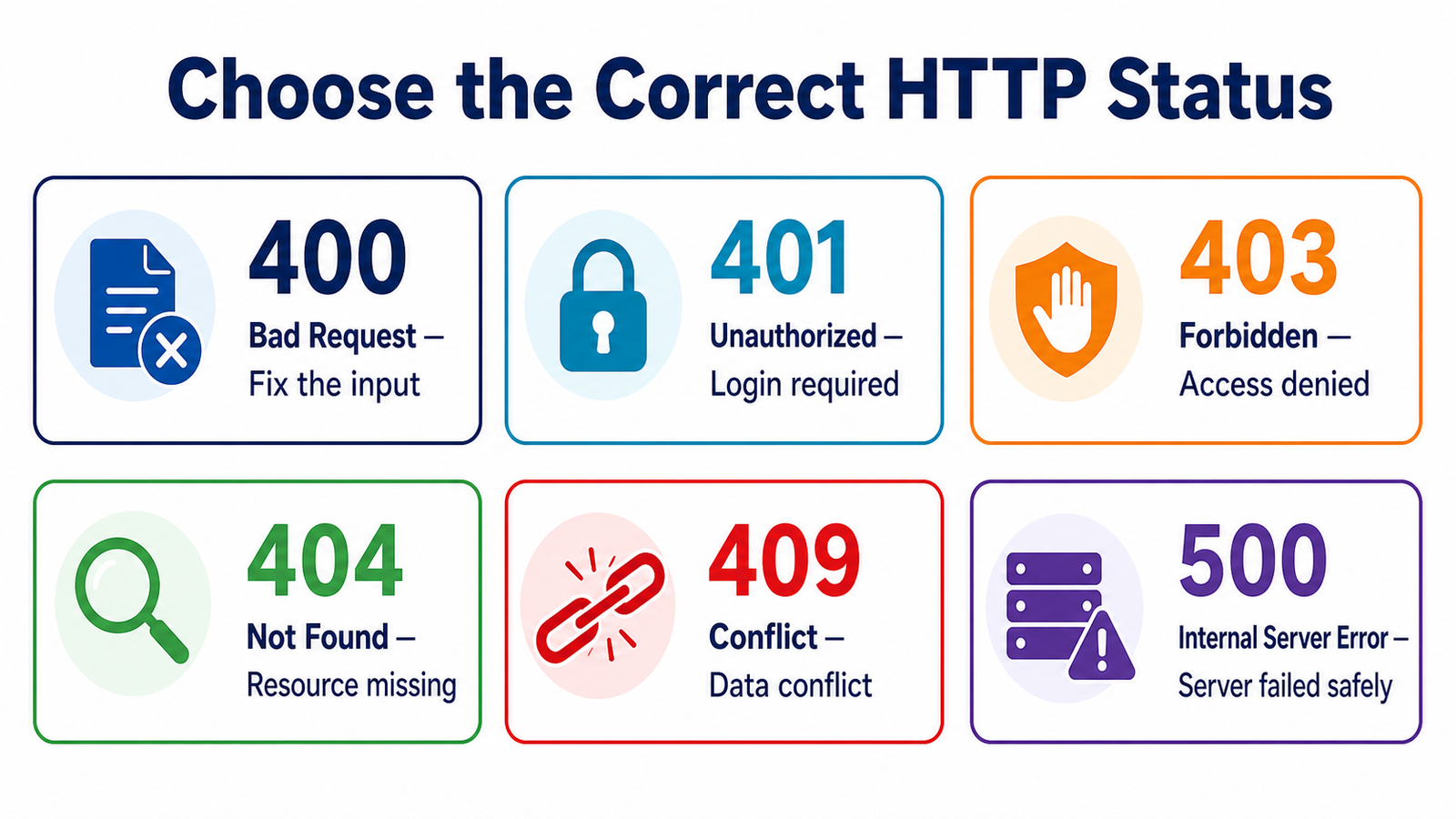 HTTP status code guide for Spring Boot APIs covering 400, 401, 403, 404, 409, and 500 errors